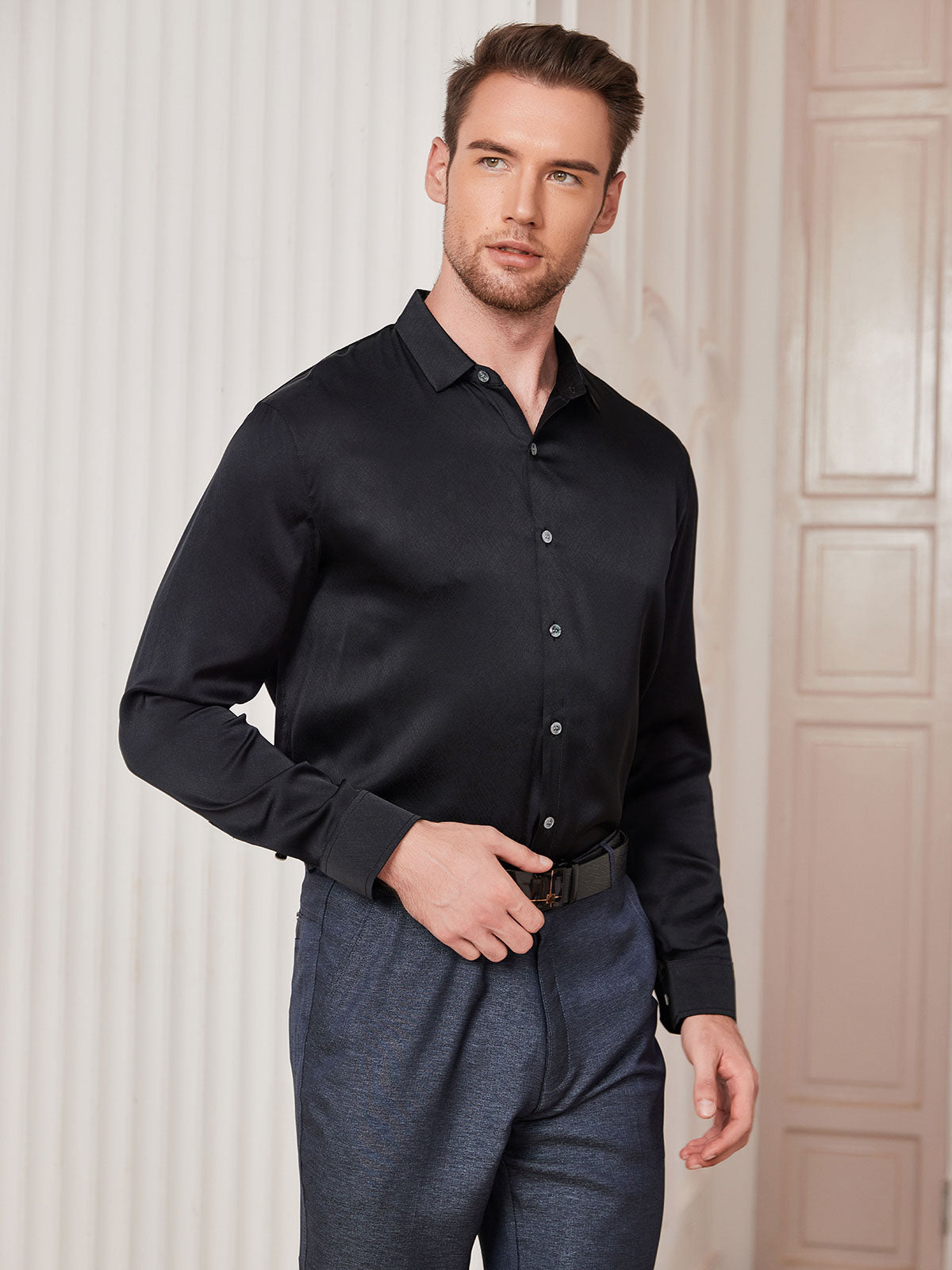 [Black] SilkSilky Silk Long Sleeve Collar Men's Shirt 004