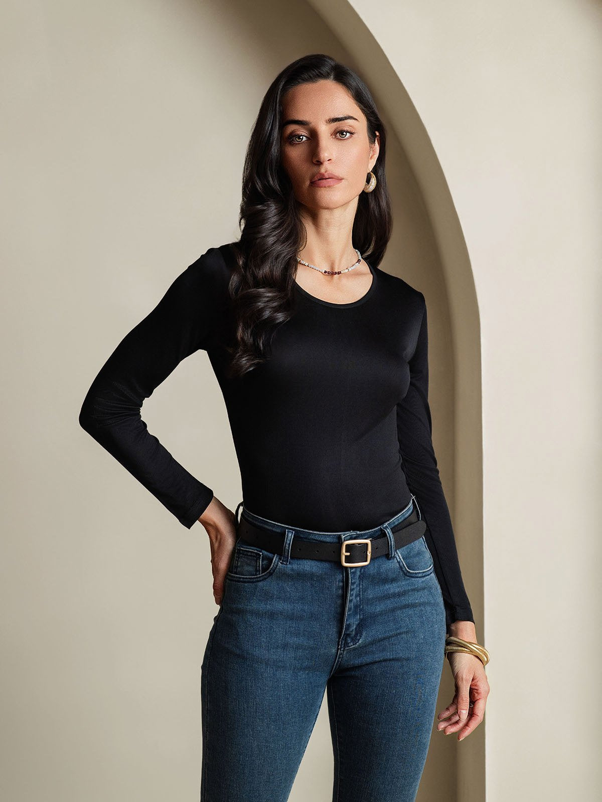 [Black] SilkSilky Silk Long Sleeve Round Neck Women's T-Shirt 001