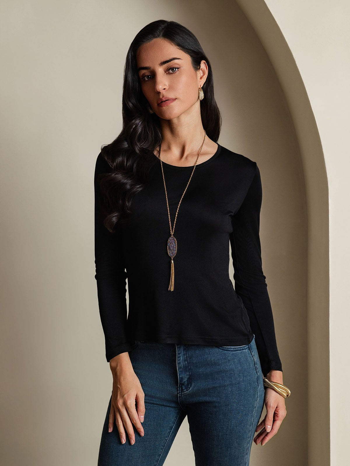[Black] SilkSilky Silk Long Sleeve Round Neck Women's T-Shirt 003