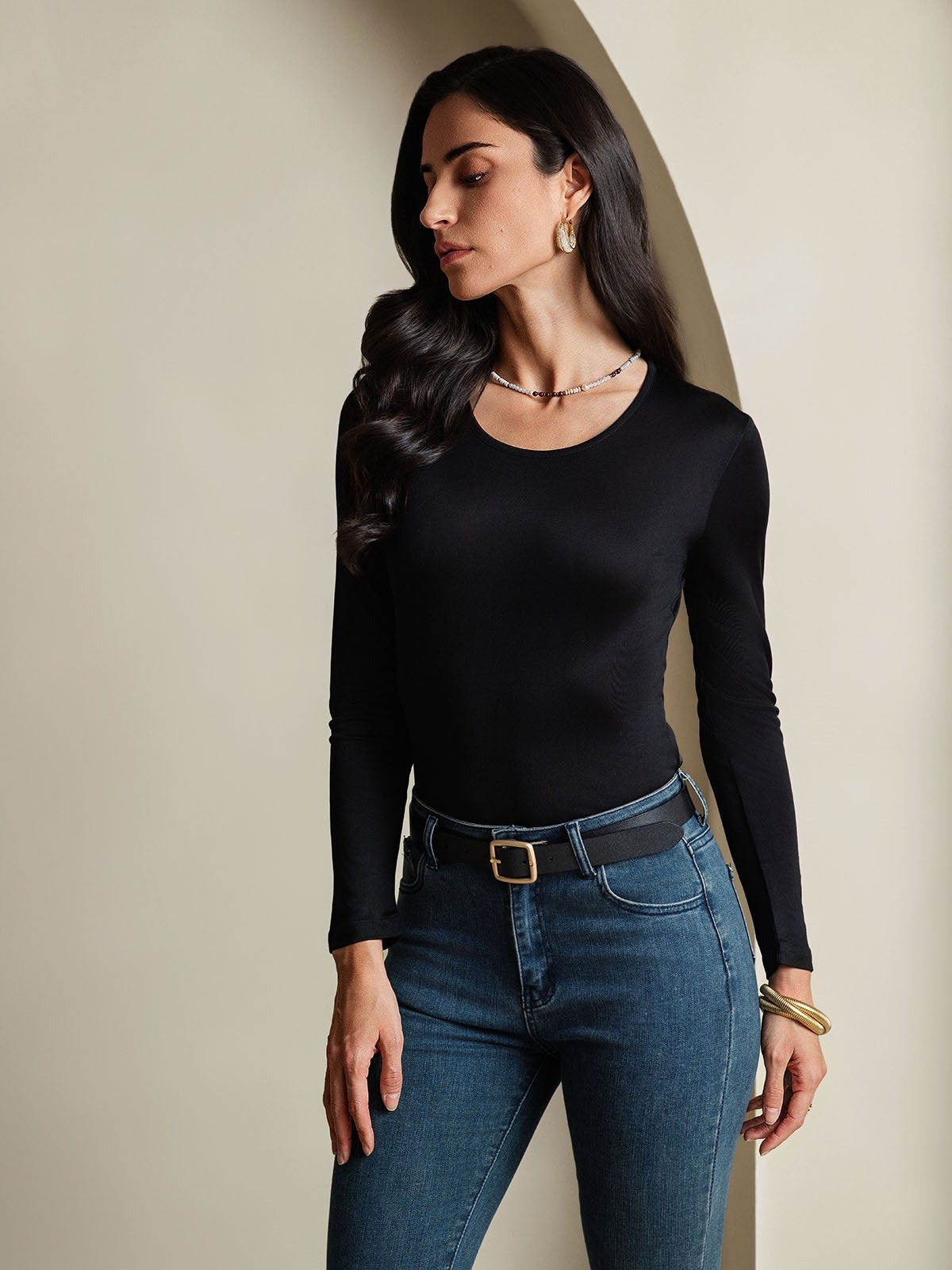 [Black] SilkSilky Silk Long Sleeve Round Neck Women's T-Shirt 004