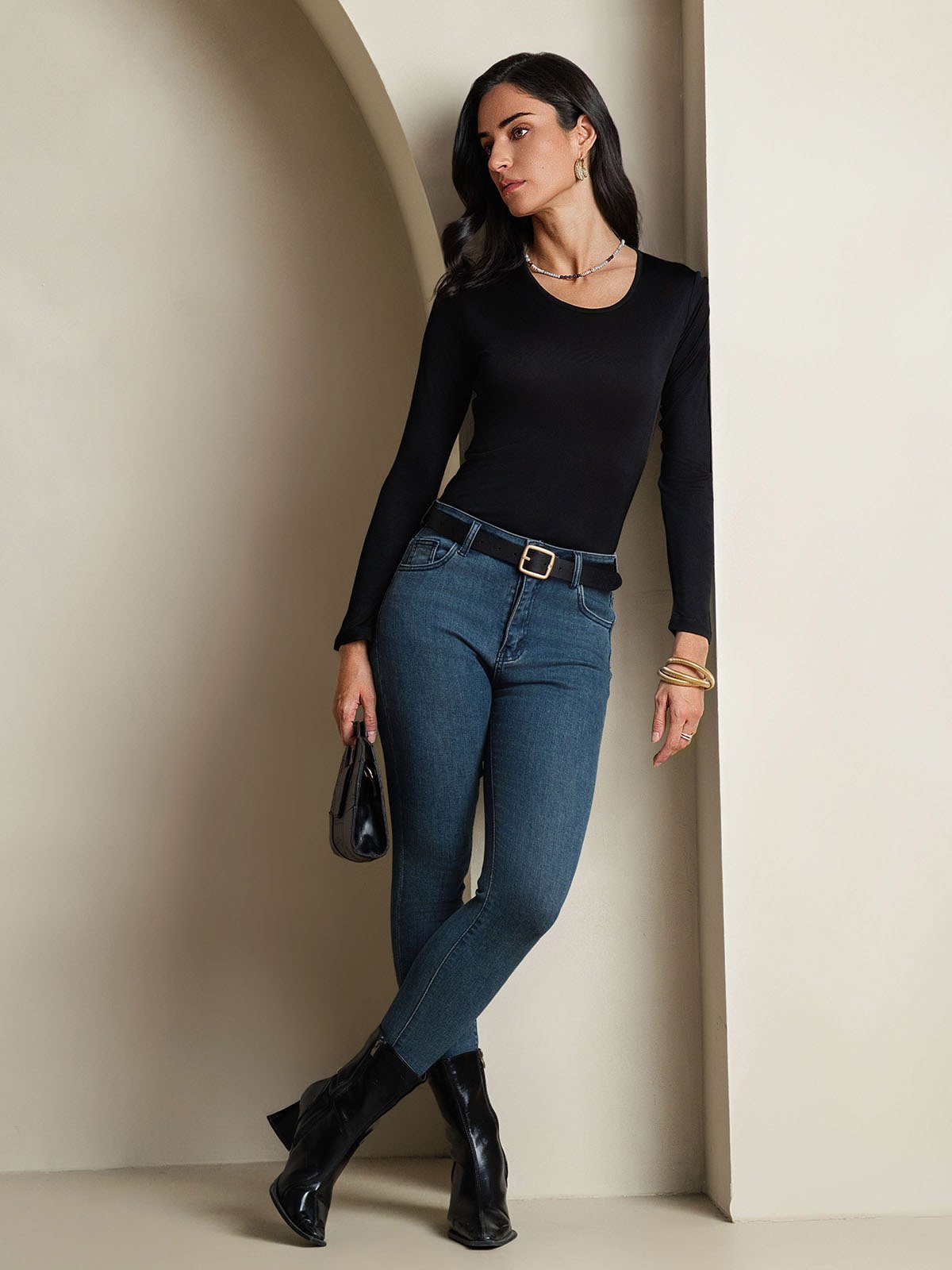 [Black] SilkSilky Silk Long Sleeve Round Neck Women's T-Shirt 005