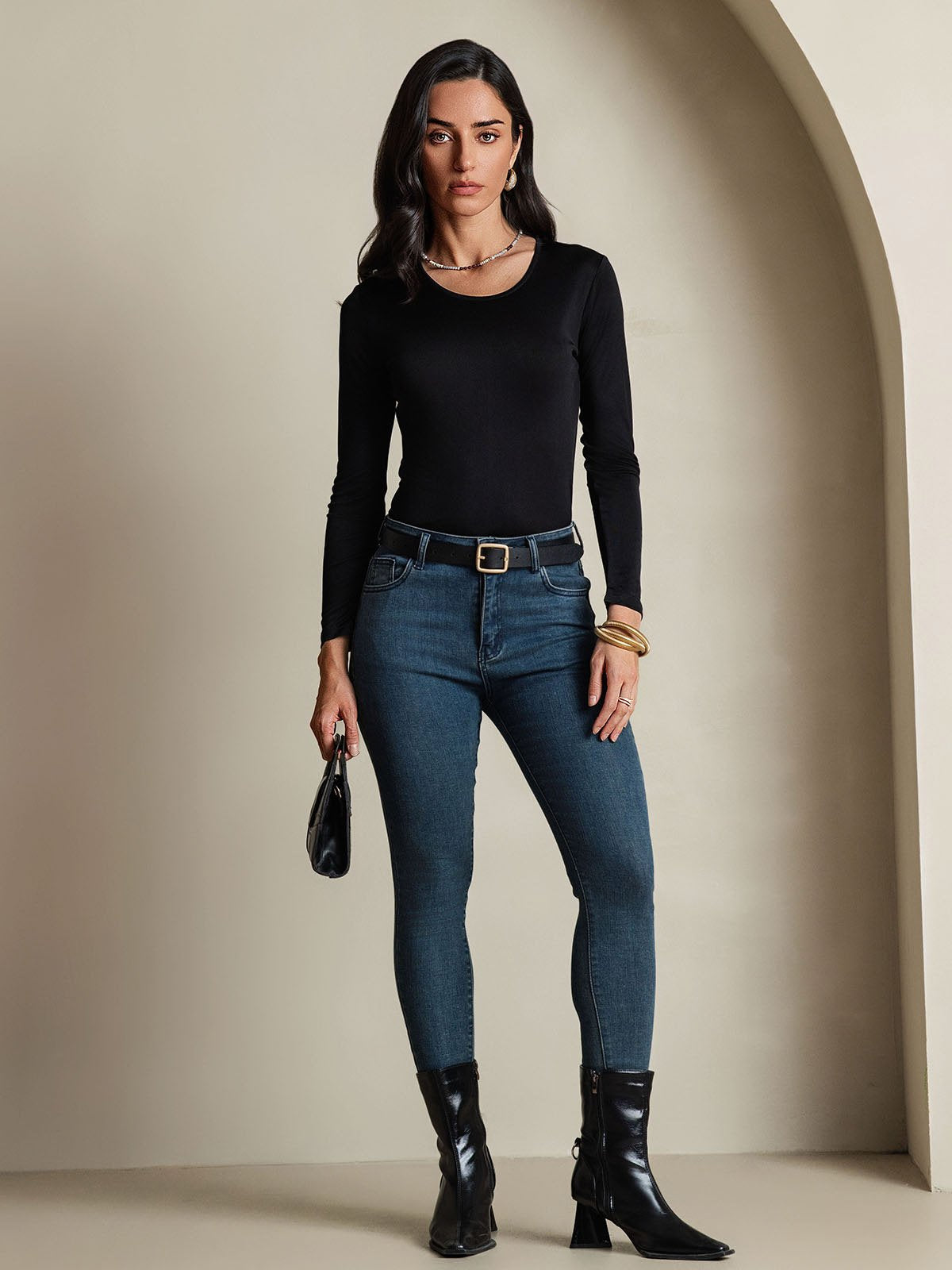 [Black] SilkSilky Silk Long Sleeve Round Neck Women's T-Shirt 006