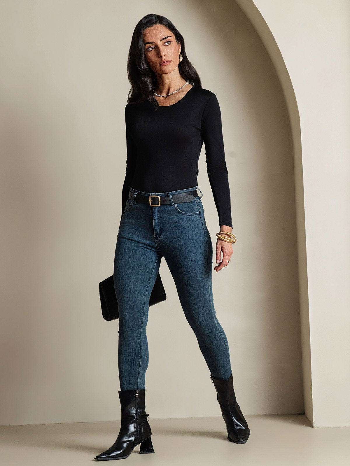 [Black] SilkSilky Silk Long Sleeve Round Neck Women's T-Shirt 007