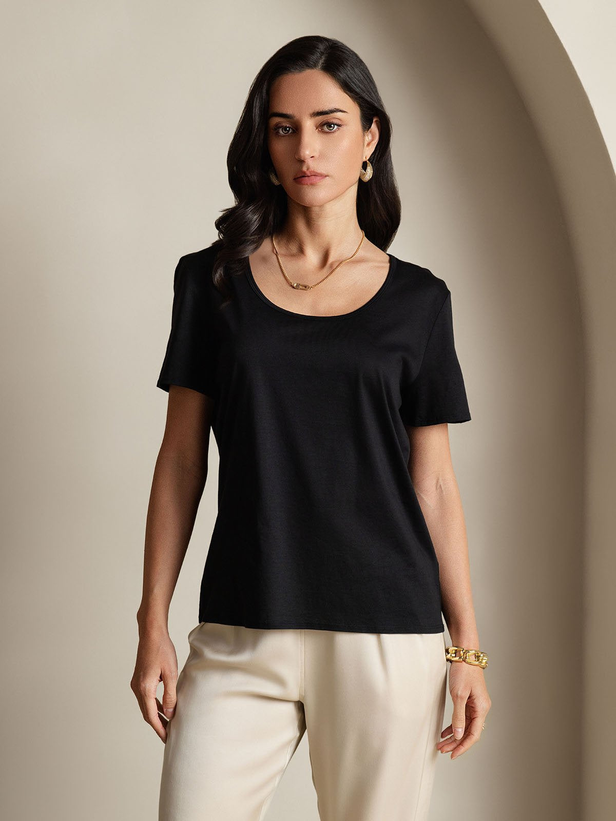 [Black] SilkSilky Silk Short Sleeve U Neck Women's T-Shirt 001