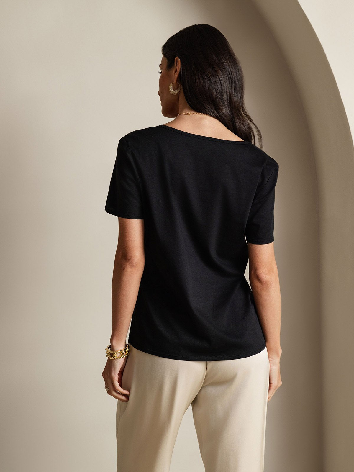 [Black] SilkSilky Silk Short Sleeve U Neck Women's T-Shirt 002