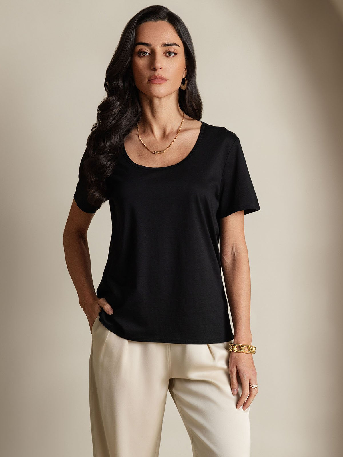 [Black] SilkSilky Silk Short Sleeve U Neck Women's T-Shirt 003