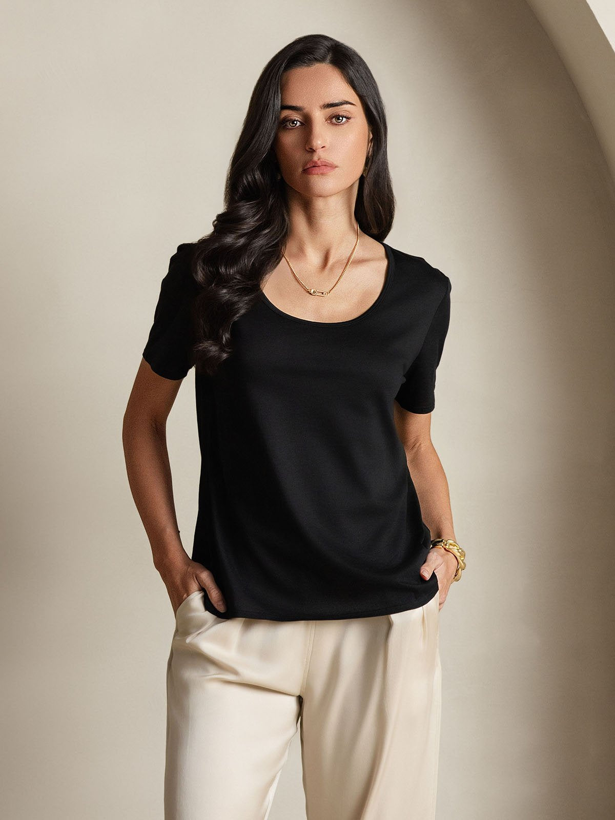 [Black] SilkSilky Silk Short Sleeve U Neck Women's T-Shirt 004