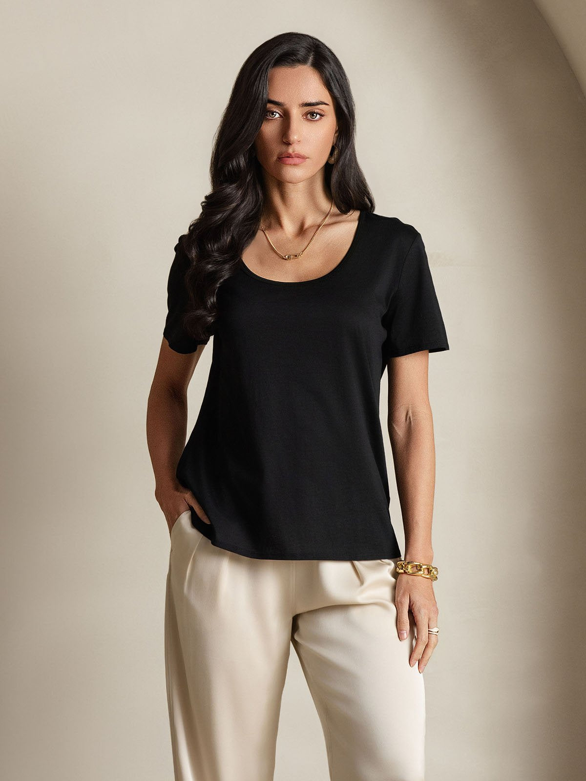 [Black] SilkSilky Silk Short Sleeve U Neck Women's T-Shirt 005