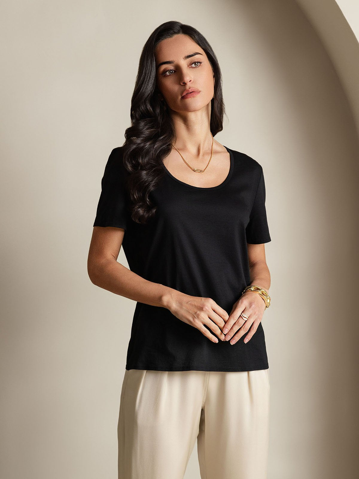 [Black] SilkSilky Silk Short Sleeve U Neck Women's T-Shirt 006