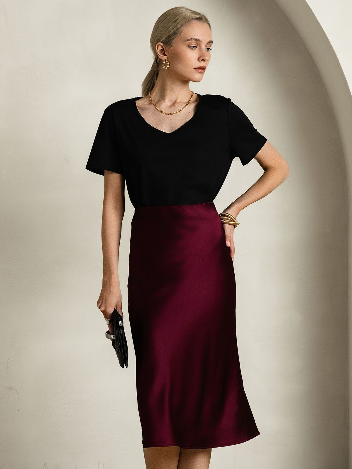 [Black] SilkSilky Silk Short Sleeve V Neck Women's T-Shirt 006