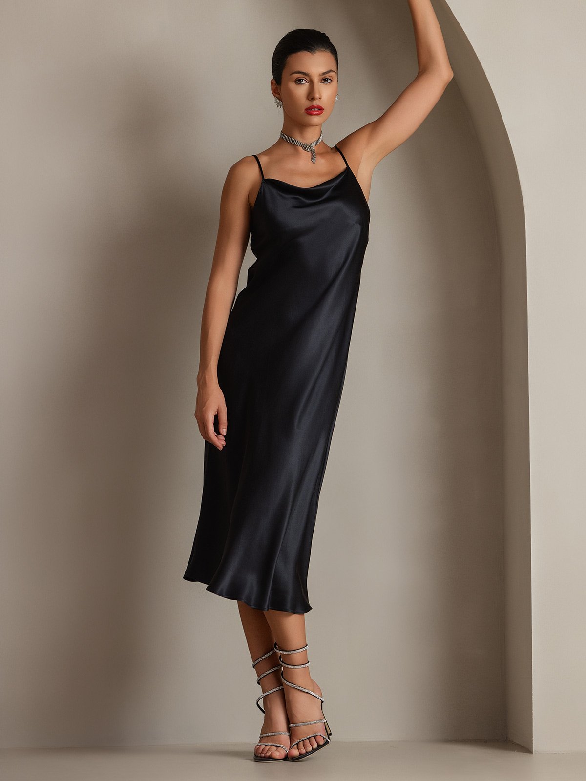 SilkSilky 100% Mulberry Silk Cowl Neck Midi Dress, Black / S(6)