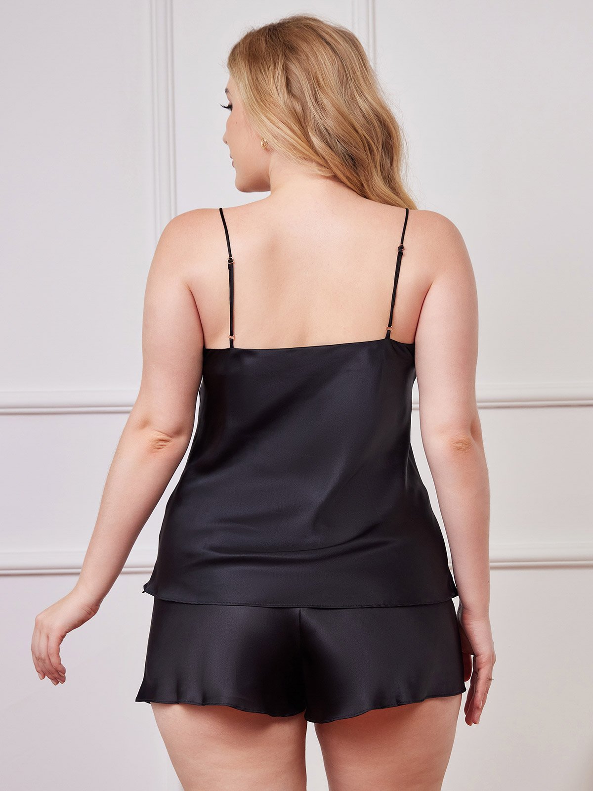 [Black] SilkSilky  Spaghetti Strap V Neck Plus Size Camisole Set 002