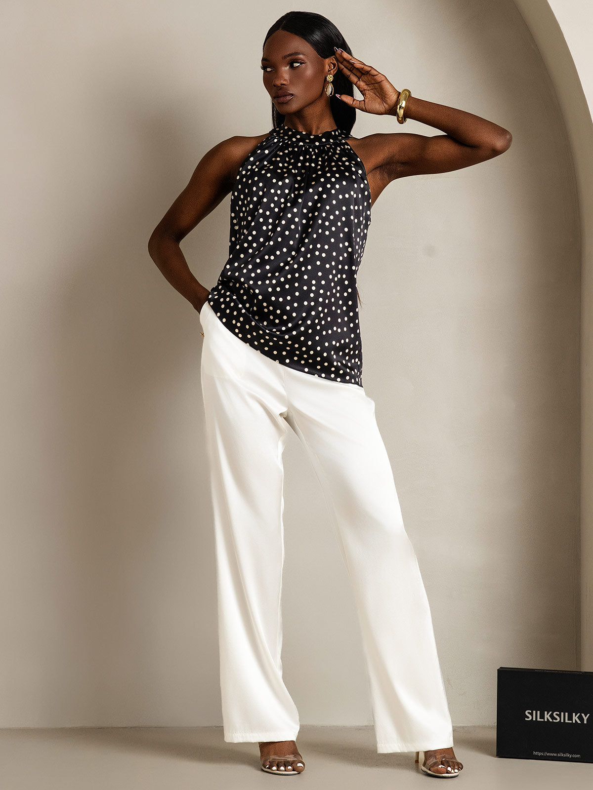 [Black+White] SilkSilky 19Momme Silk Sleeveless Womens T-Shirt 006