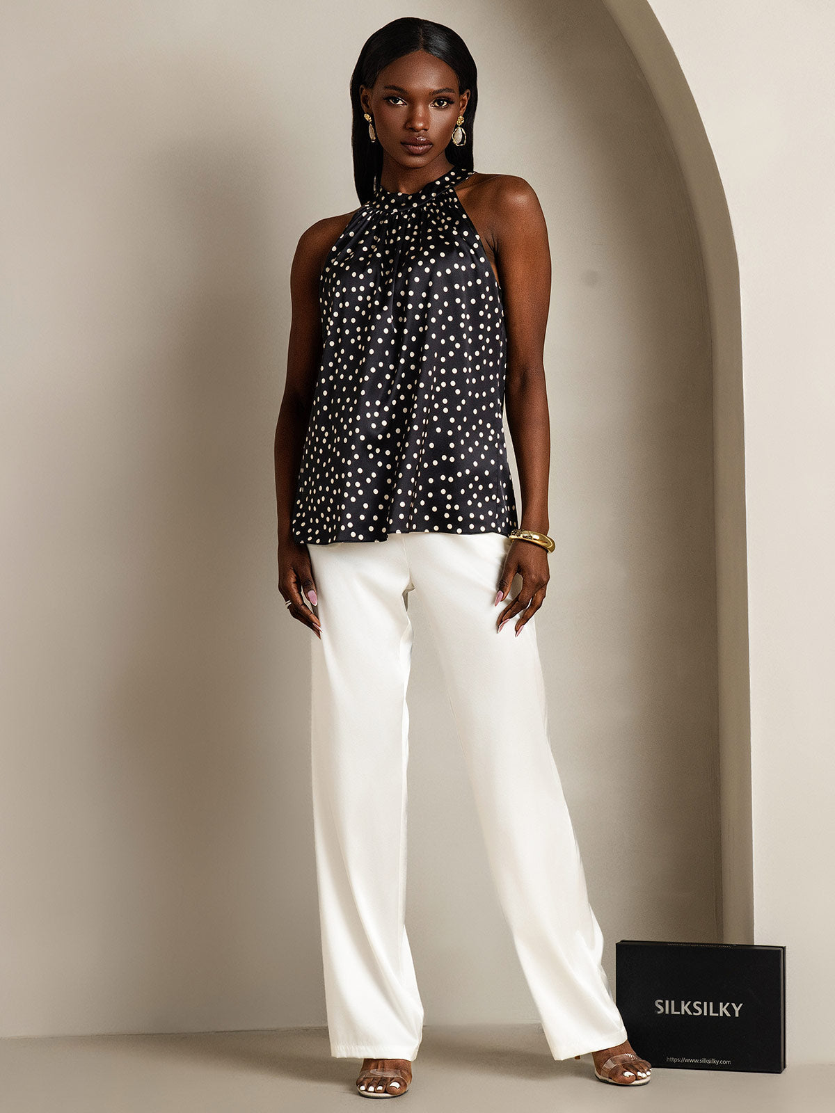 [Black+White] SilkSilky 19Momme Silk Sleeveless Womens T-Shirt 007