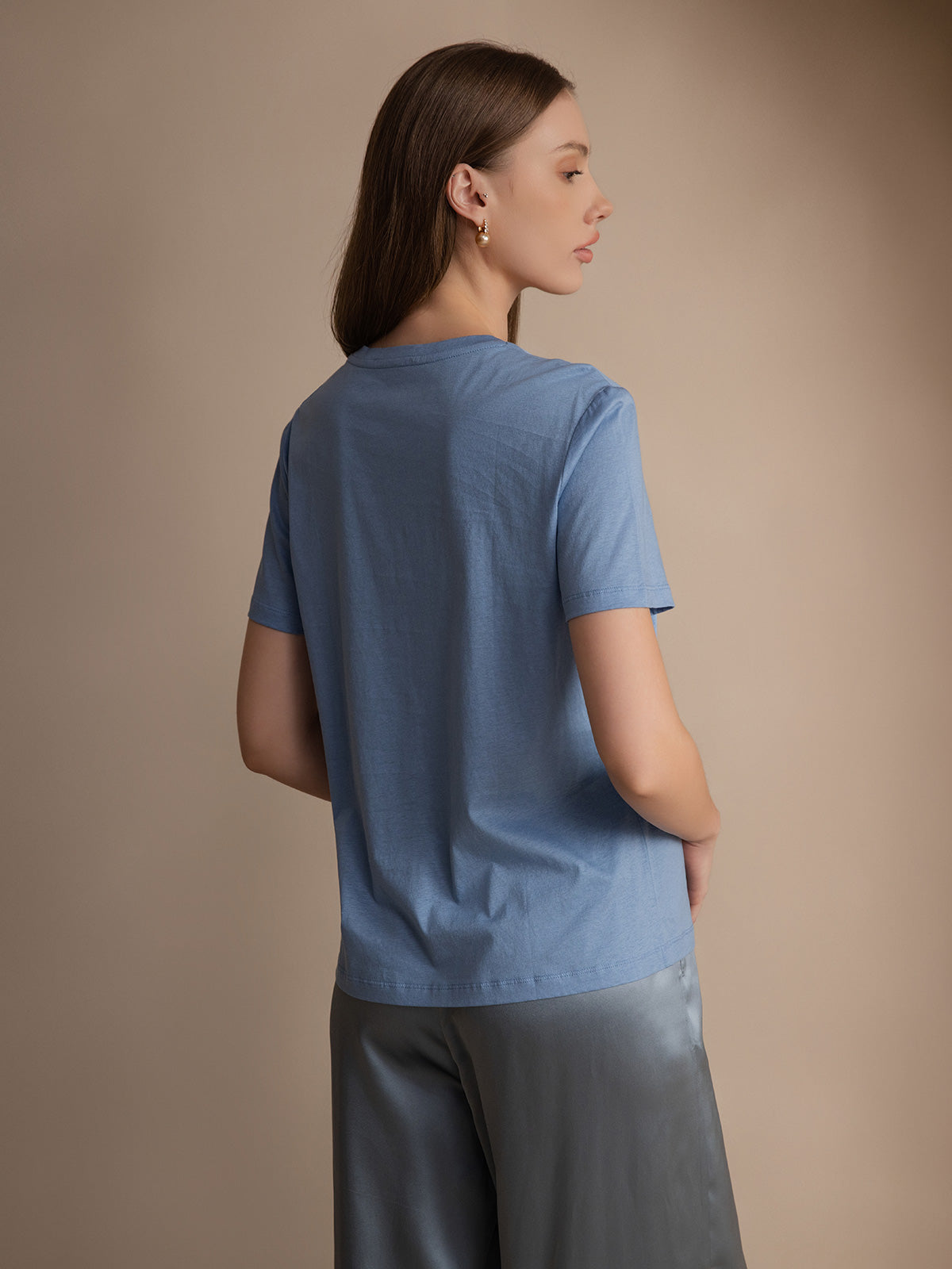 [Blue] SilkSilky Silk Knitted Short Sleeve Round Neck Women's T-Shirt 002