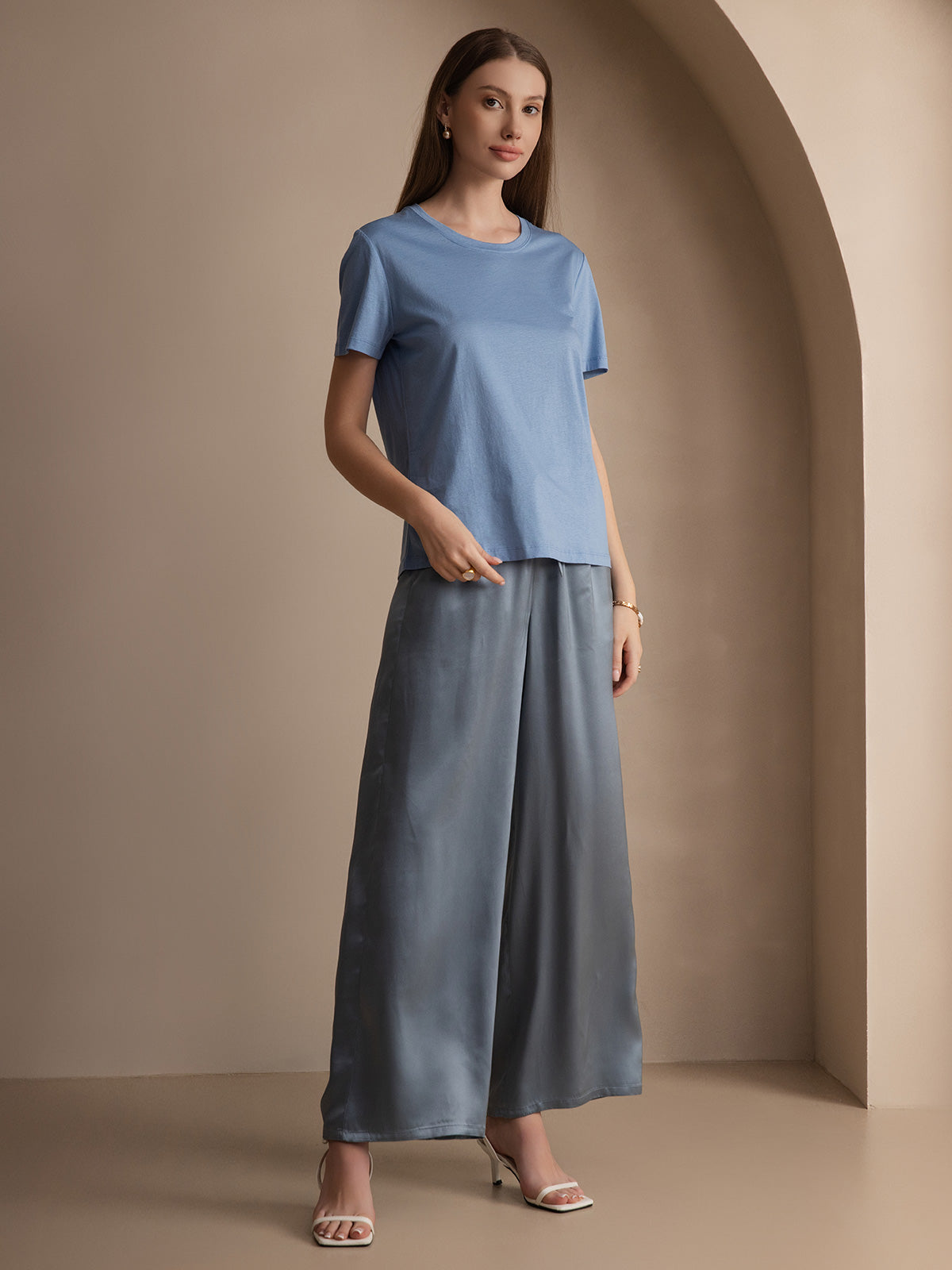[Blue] SilkSilky Silk Knitted Short Sleeve Round Neck Women's T-Shirt 003