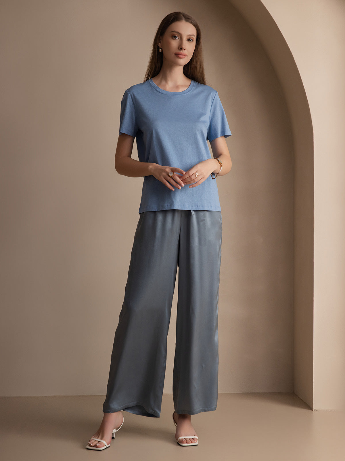 [Blue] SilkSilky Silk Knitted Short Sleeve Round Neck Women's T-Shirt 004
