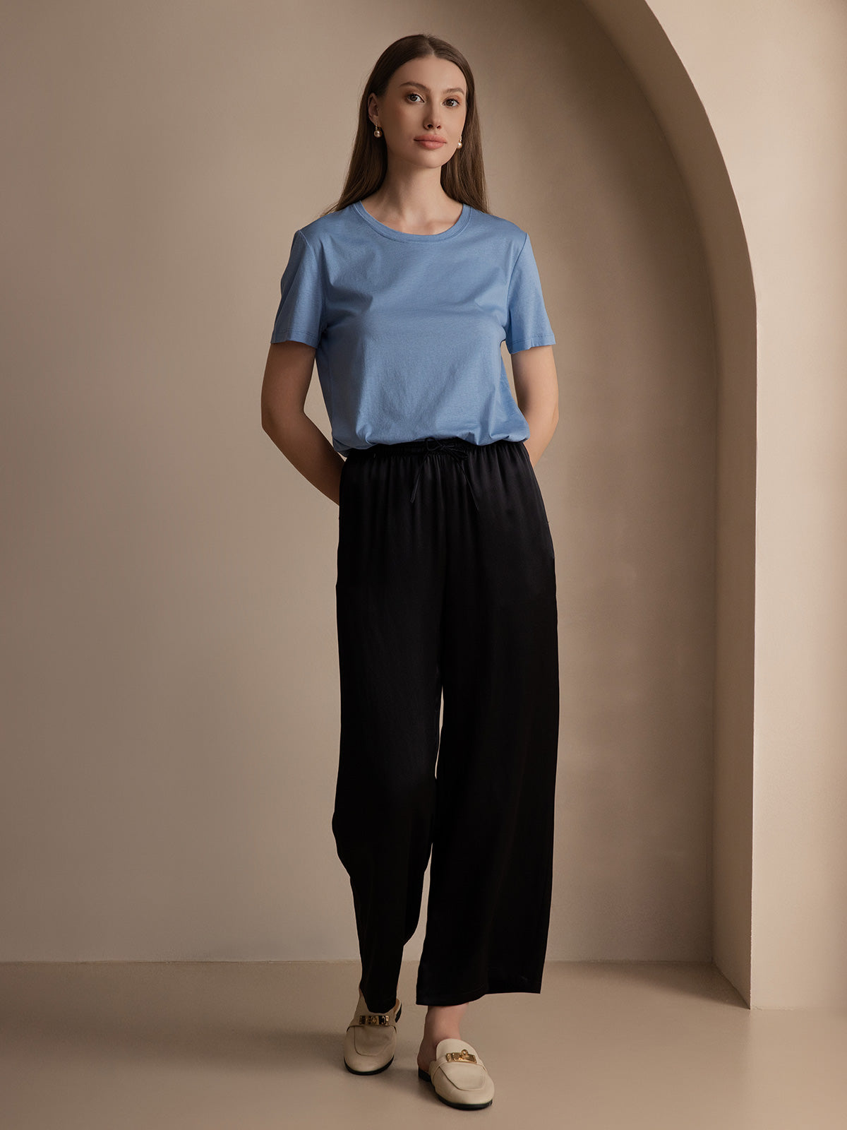 [Blue] SilkSilky Silk Knitted Short Sleeve Round Neck Women's T-Shirt 004