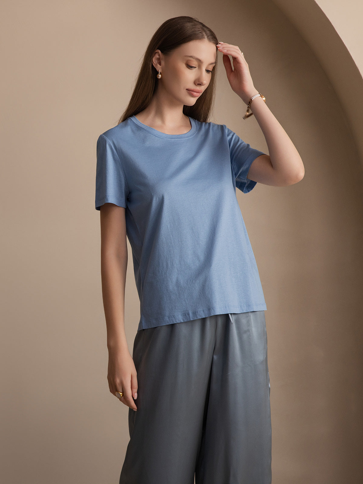 [Blue] SilkSilky Silk Knitted Short Sleeve Round Neck Women's T-Shirt 005