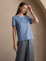 [Blue] SilkSilky  100% Silk Jersey Short Sleeve Round Neck Women's T-Shirt 005