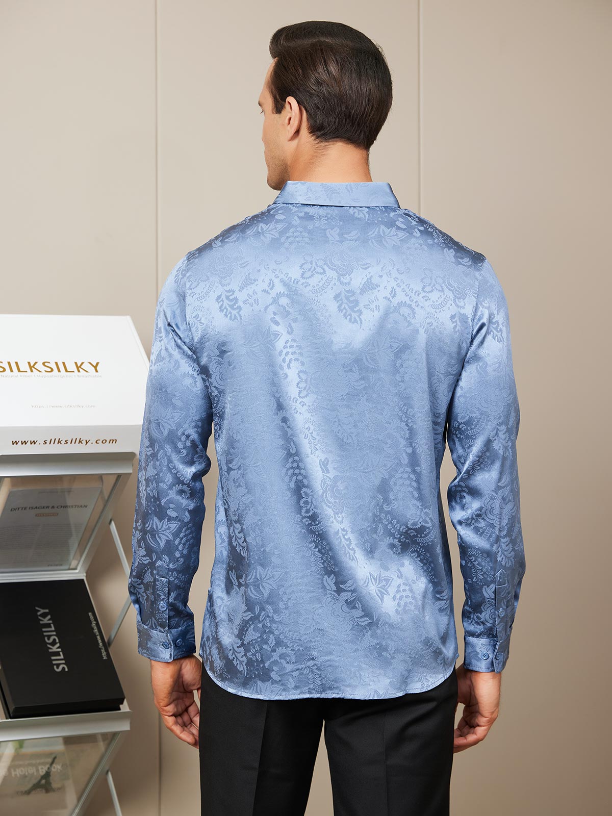 [Blue] SilkSilky Silk Long Sleeve Collar Men's Shirt 002
