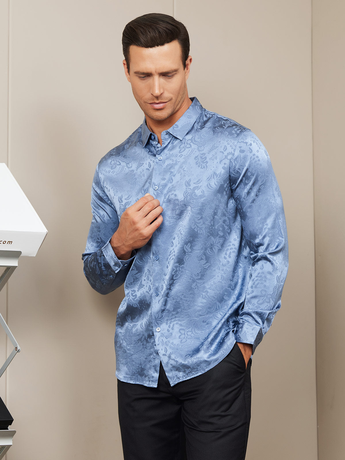 [Blue] SilkSilky Silk Long Sleeve Collar Men's Shirt 003