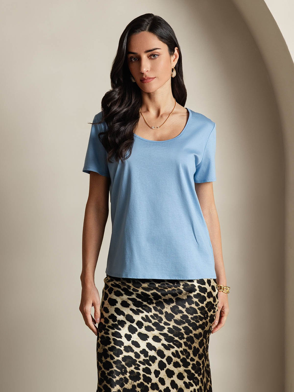 [Blue] SilkSilky Silk Short Sleeve U Neck Women's T-Shirt 001