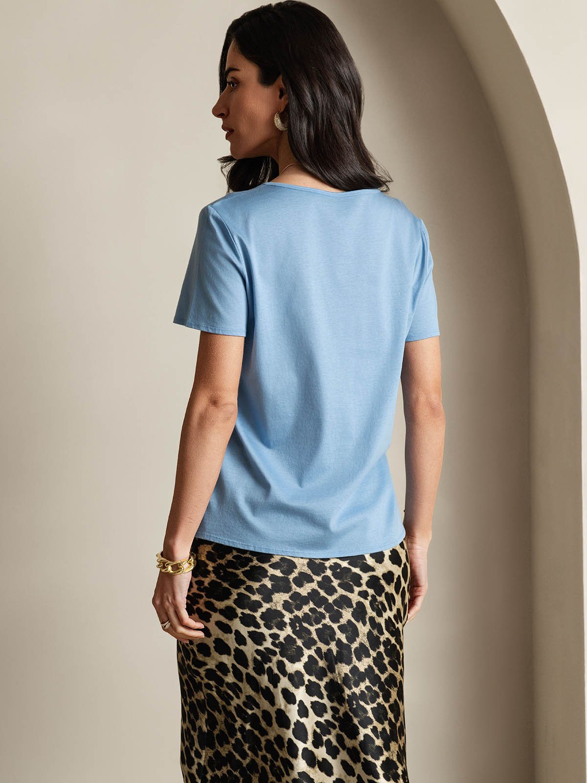 [Blue] SilkSilky Silk Short Sleeve U Neck Women's T-Shirt 002