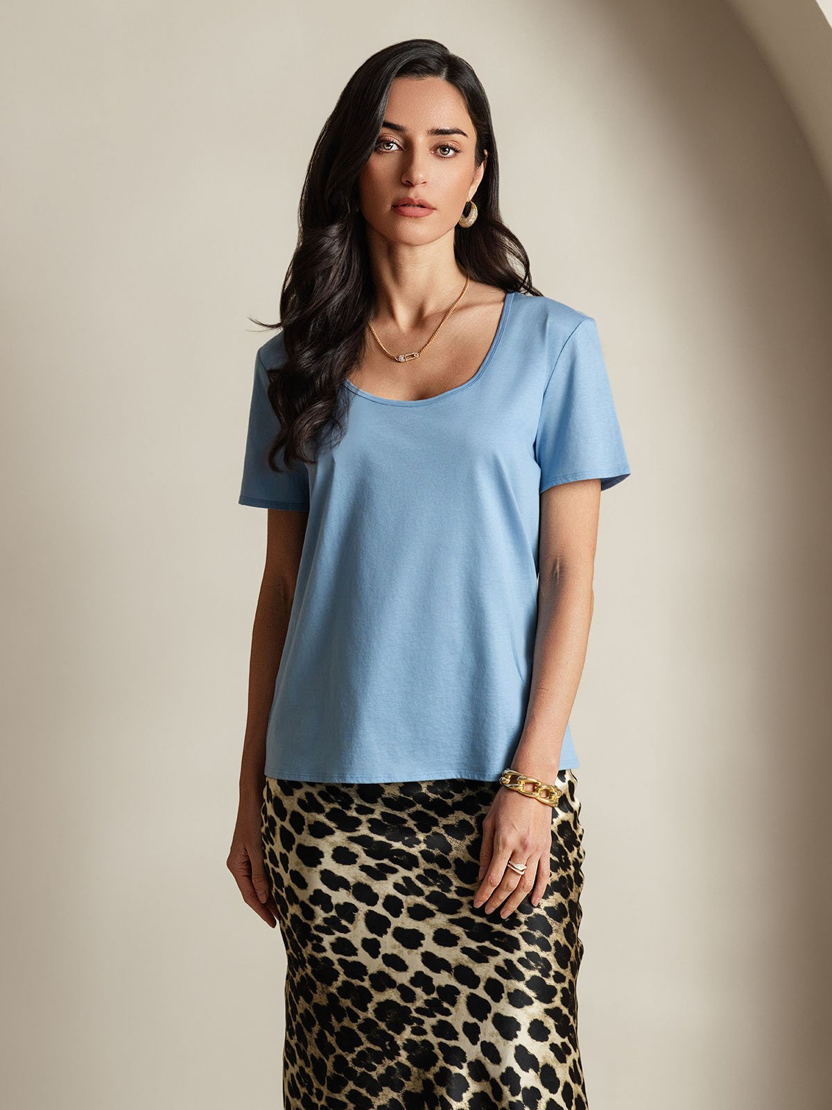 [Blue] SilkSilky Silk Short Sleeve U Neck Women's T-Shirt 003