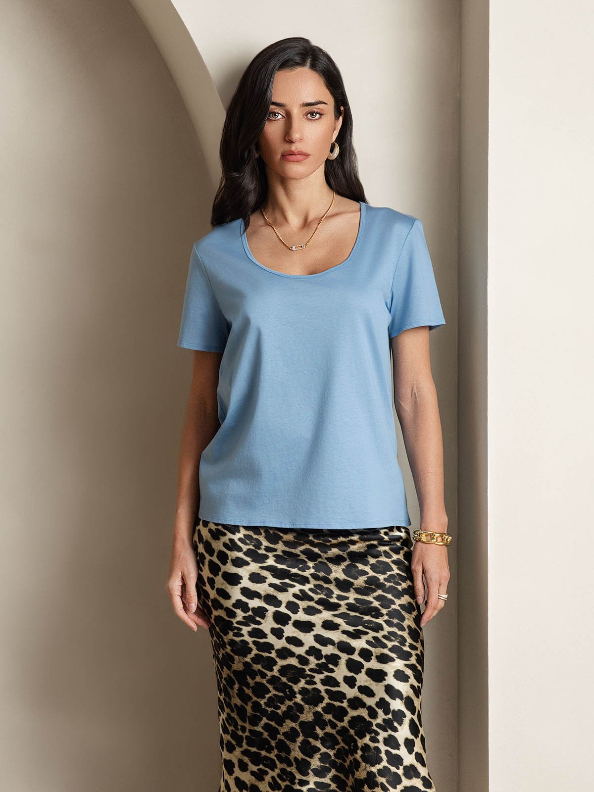 [Blue] SilkSilky Silk Short Sleeve U Neck Women's T-Shirt 006