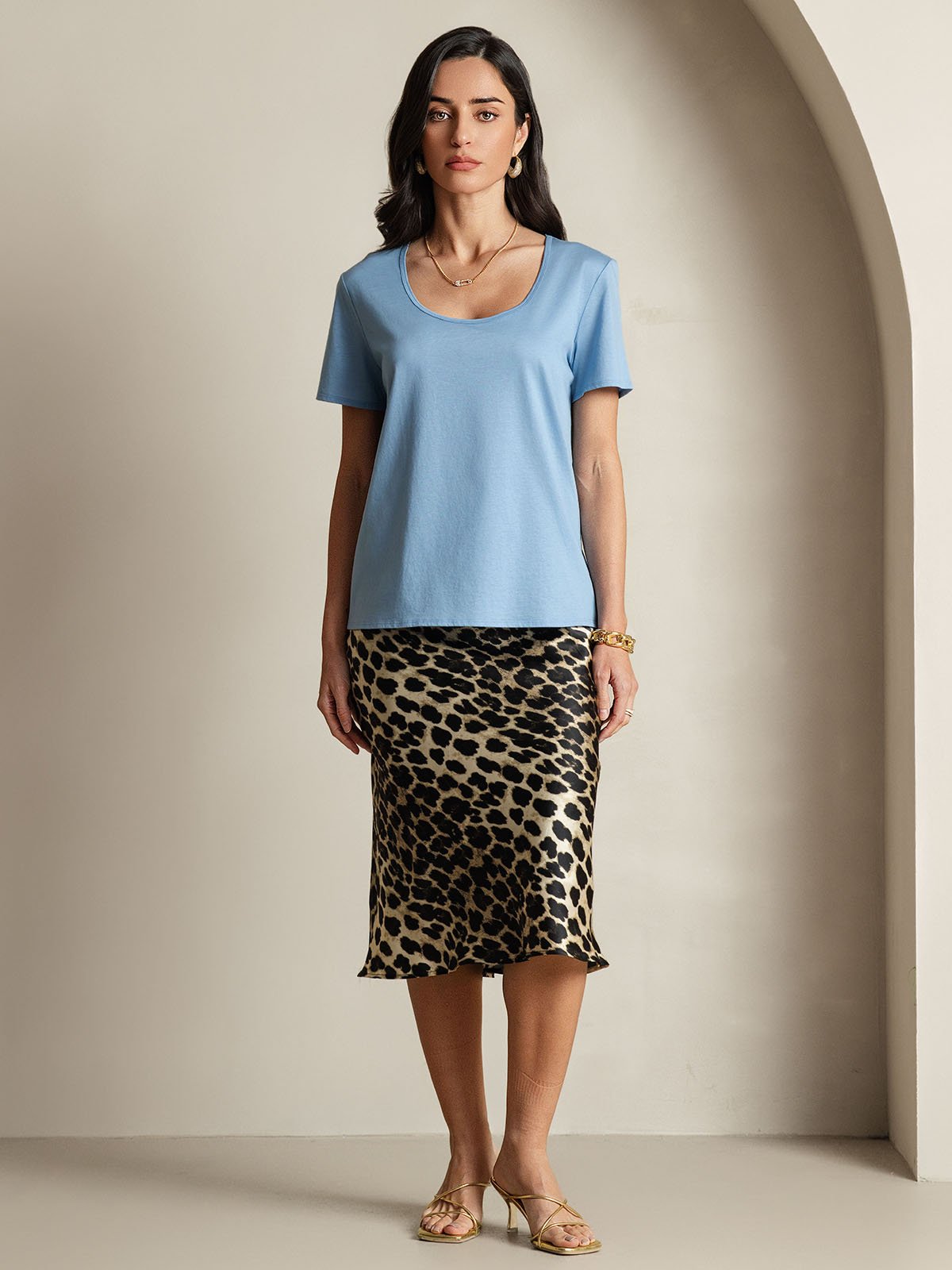 [Blue] SilkSilky Silk Short Sleeve U Neck Women's T-Shirt 008