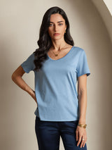 [Blue] SilkSilky  Short Sleeve V Neck Women's T-Shirt 003