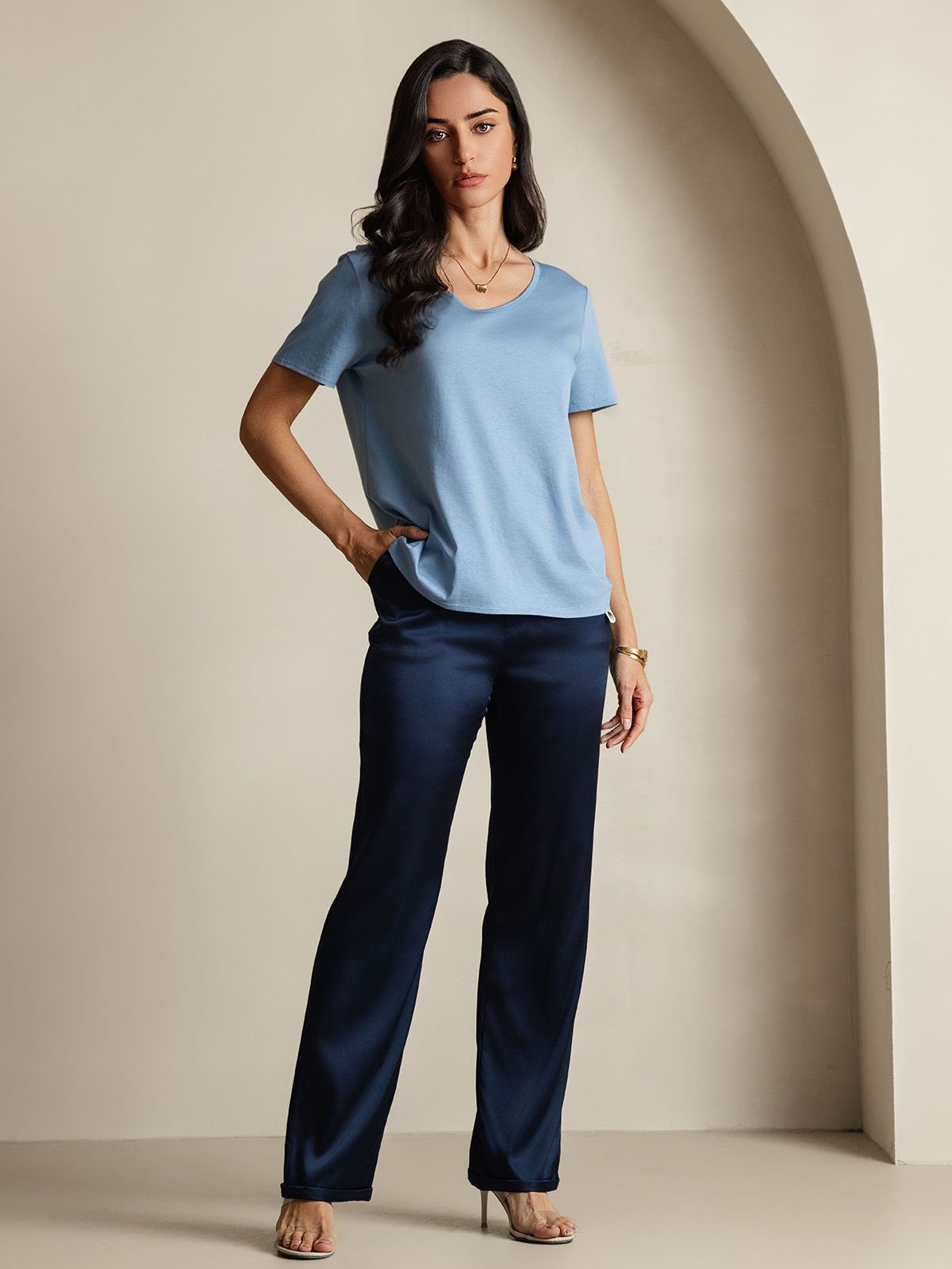 [Blue] SilkSilky Silk Short Sleeve V Neck Women's T-Shirt 005