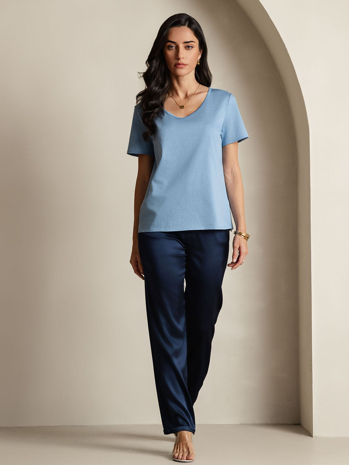 [Blue] SilkSilky Silk Short Sleeve V Neck Women's T-Shirt 006