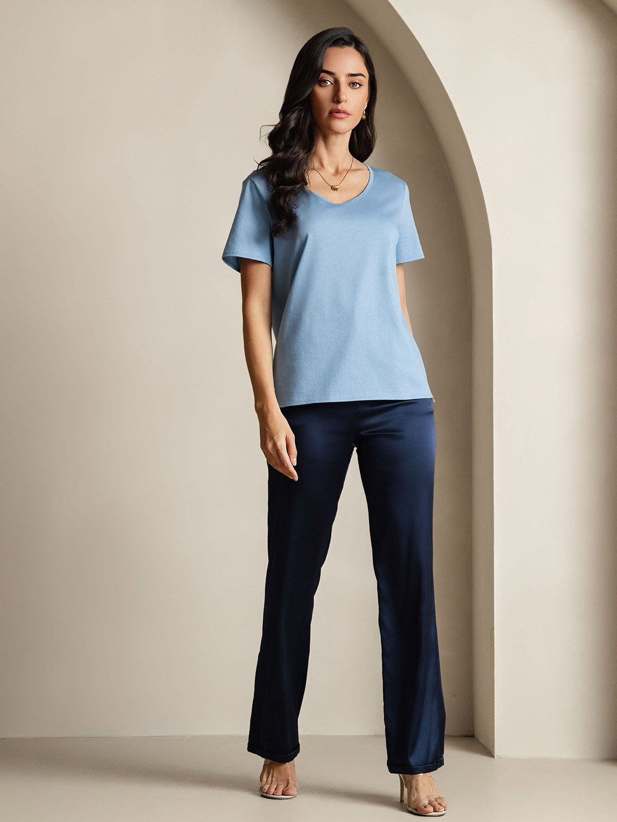 [Blue] SilkSilky Silk Short Sleeve V Neck Women's T-Shirt 007
