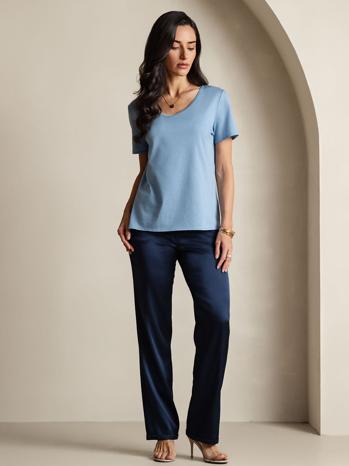 [Blue] SilkSilky Silk Short Sleeve V Neck Women's T-Shirt 008