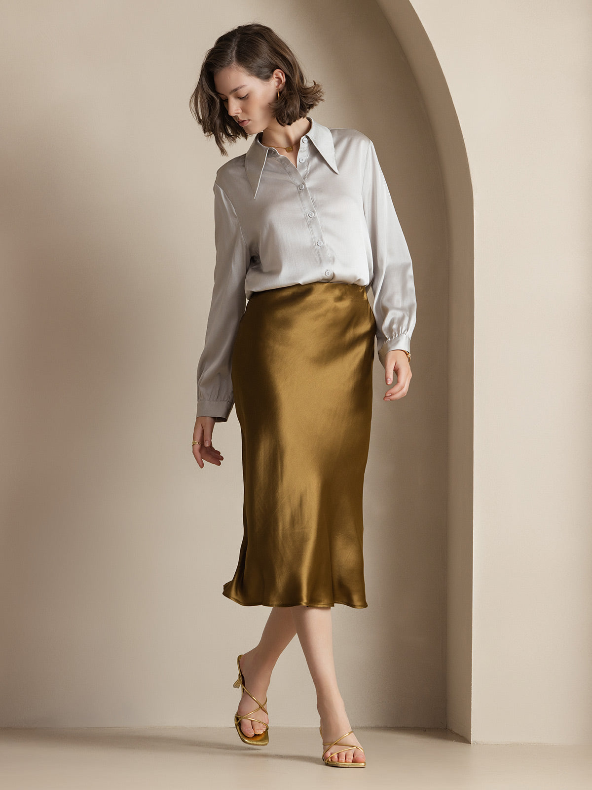 [Brown] SilkSilky 19Momme Pure Silk Skirt 001