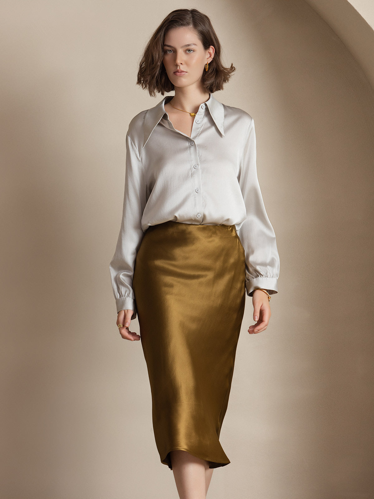 [Brown] SilkSilky 19Momme Pure Silk Skirt 003