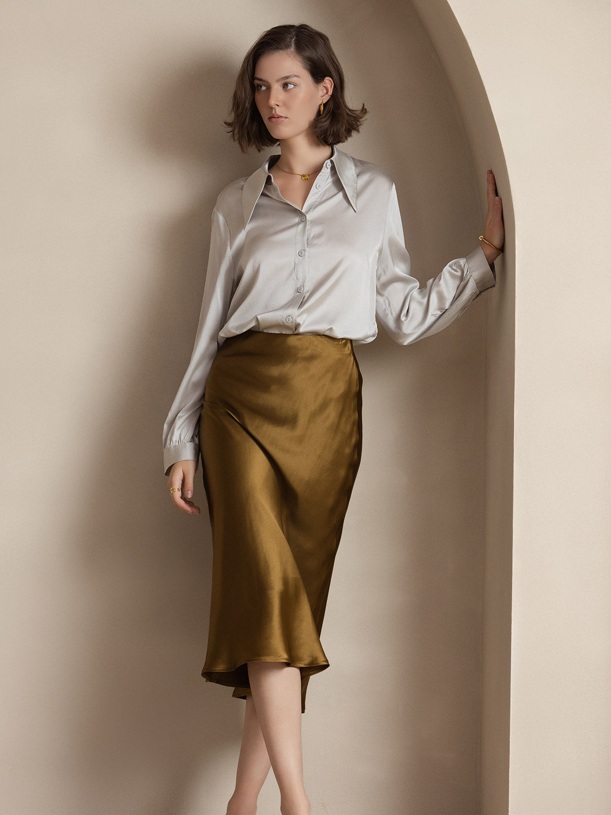 [Brown] SilkSilky 19Momme Pure Silk Skirt 003