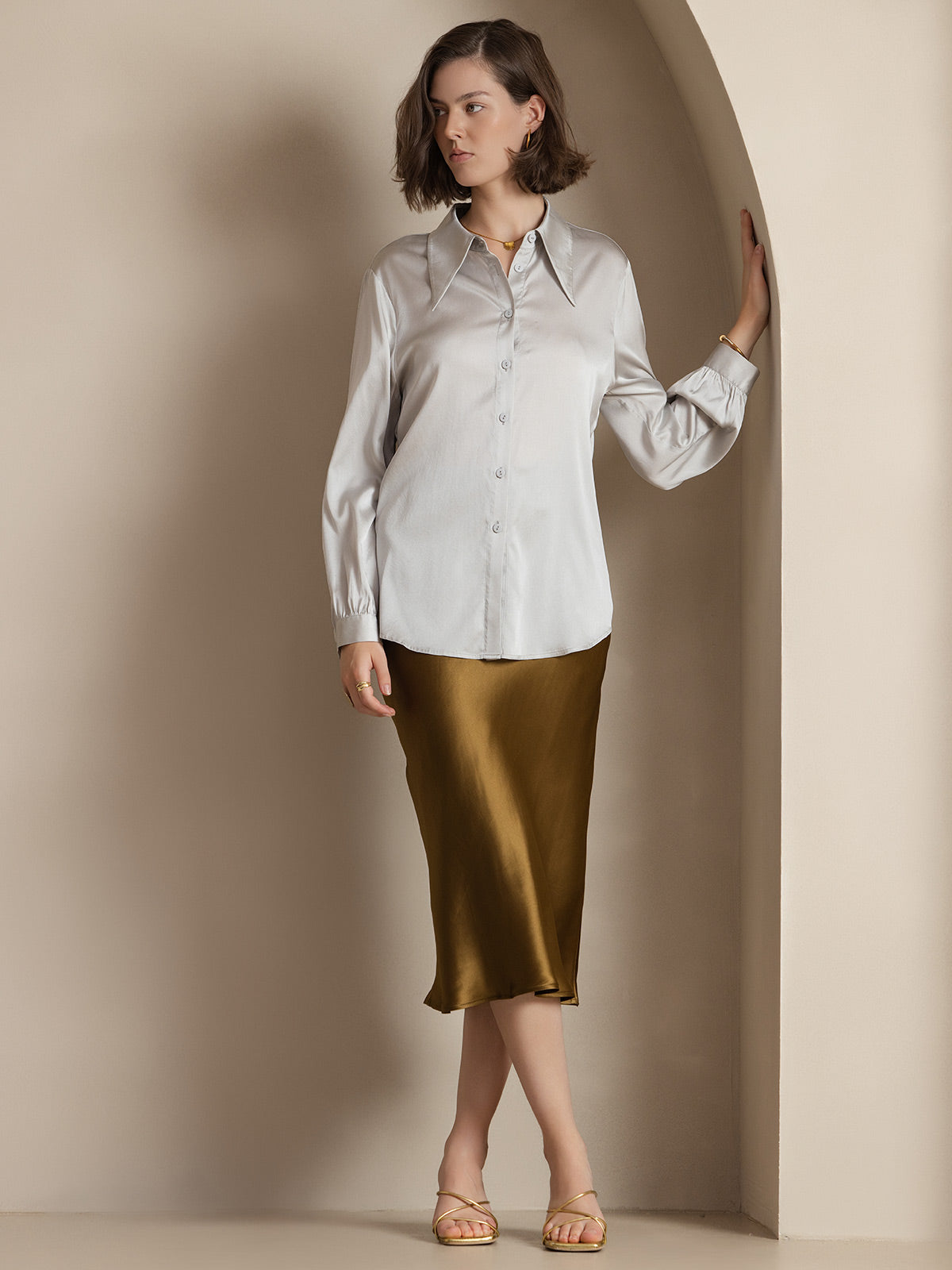 [Brown] SilkSilky 19Momme Pure Silk Skirt 004