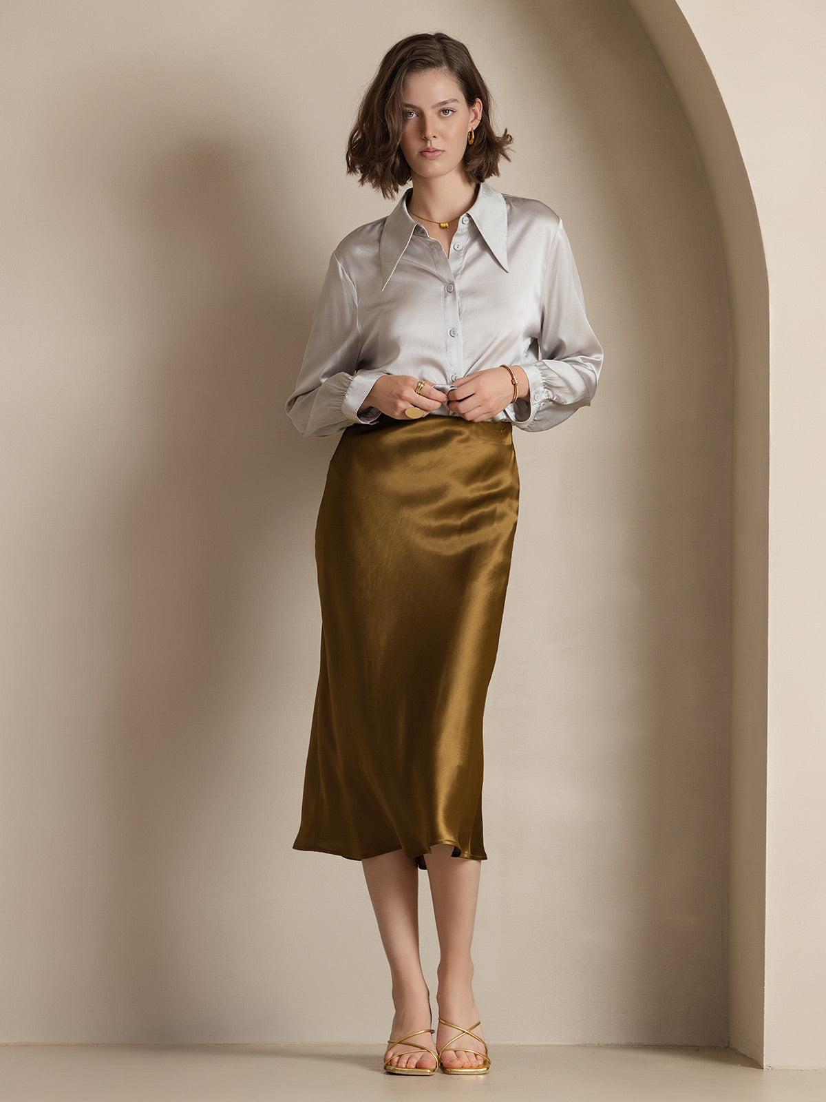 [Brown] SilkSilky 19Momme Pure Silk Skirt 004