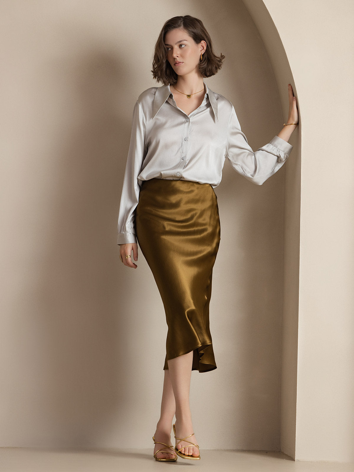 [Brown] SilkSilky 19Momme Pure Silk Skirt 005