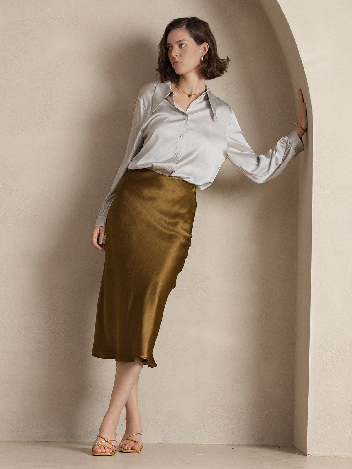 [Brown] SilkSilky 19Momme Pure Silk Skirt 006