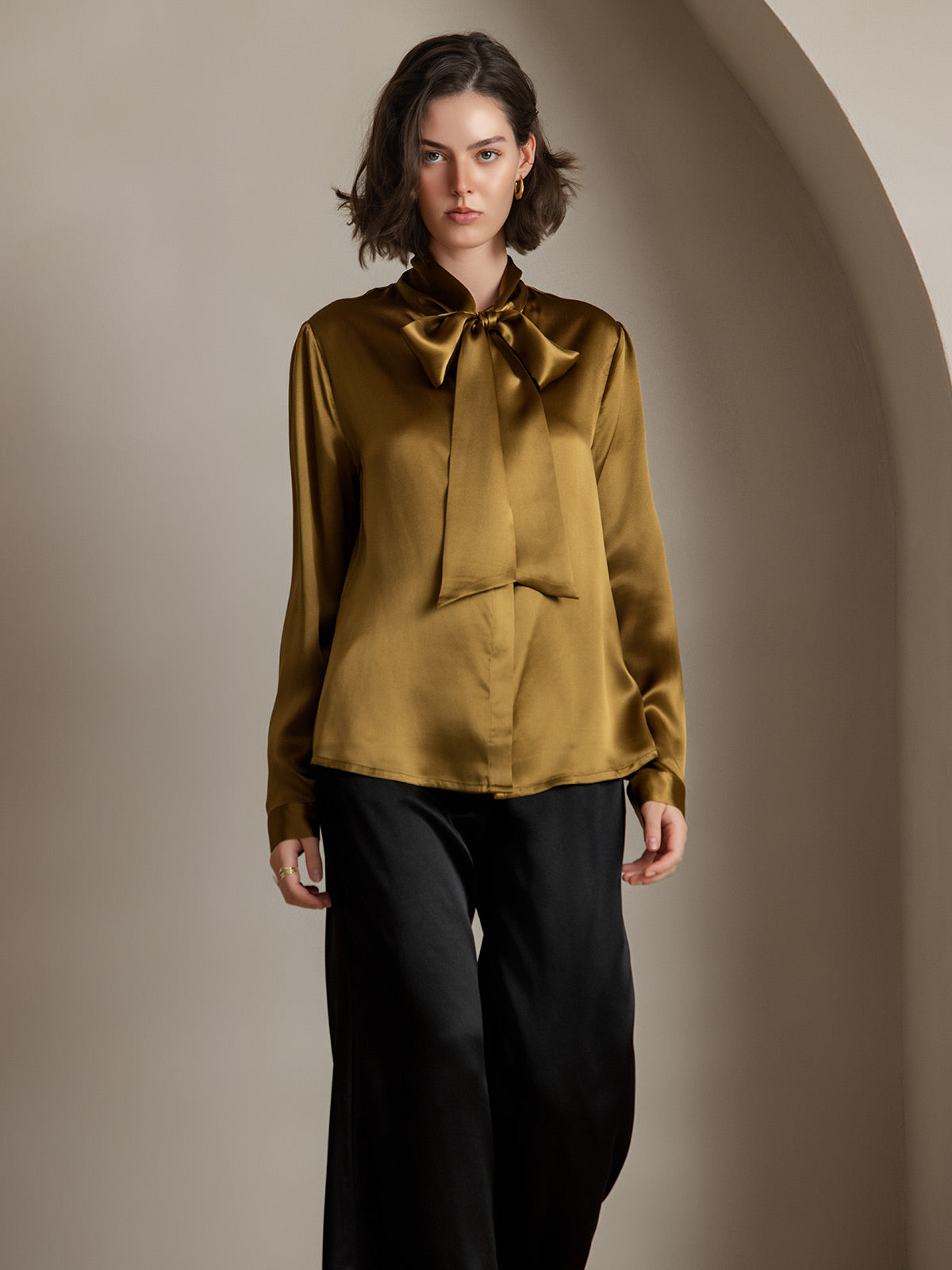 [Brown] SilkSilky 19Momme Silk Long Sleeve Tie Neck Women's Shirt 001