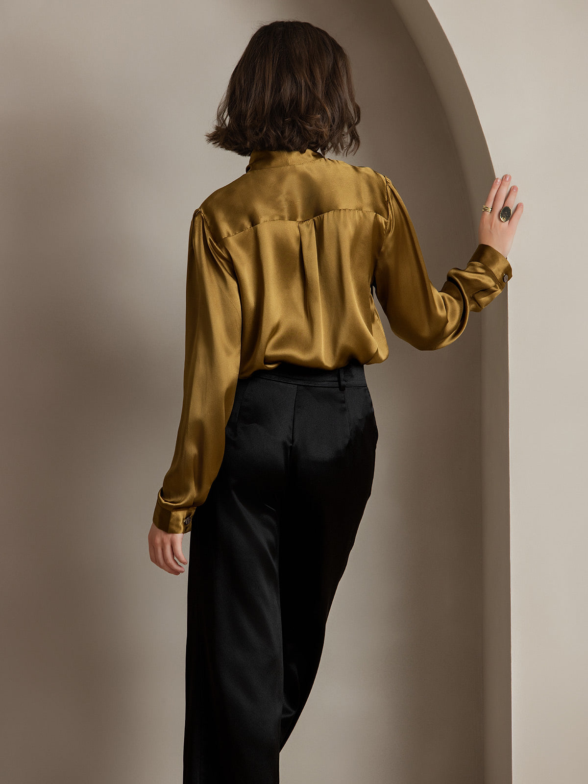 [Brown] SilkSilky 19Momme Silk Long Sleeve Tie Neck Women's Shirt 002