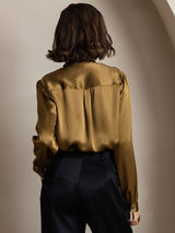 [Brown] SilkSilky  19Momme Stretch Silk Charmeuse Long Sleeve Tie Neck Blouse 002