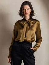 [Brown] SilkSilky  19Momme Stretch Silk Charmeuse Long Sleeve Tie Neck Blouse 003