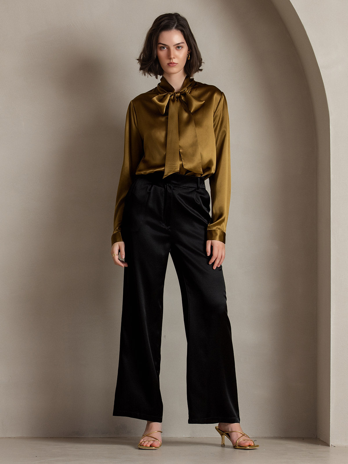 [Brown] SilkSilky 19Momme Silk Long Sleeve Tie Neck Women's Shirt 004