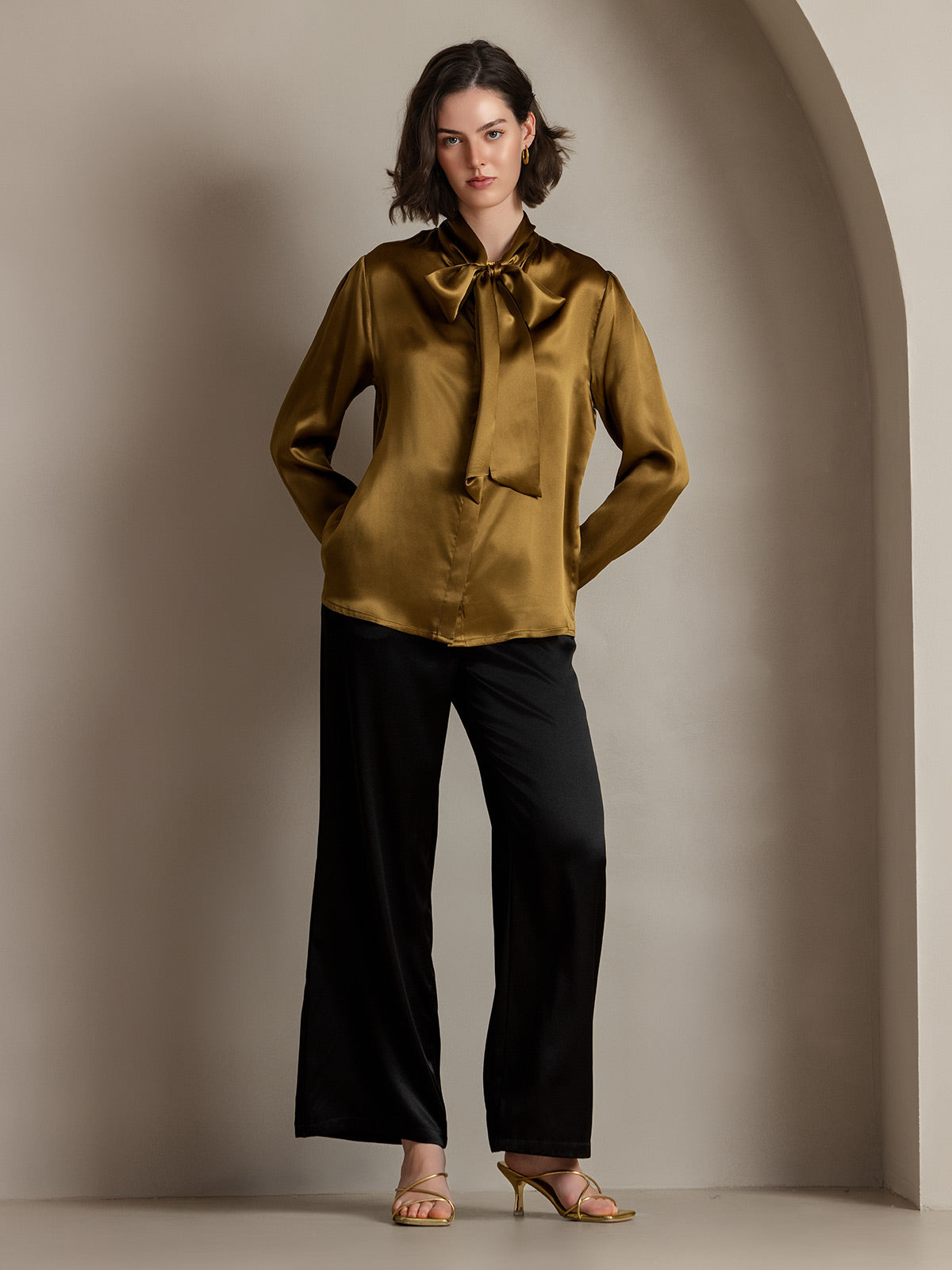 [Brown] SilkSilky 19Momme Silk Long Sleeve Tie Neck Women's Shirt 005