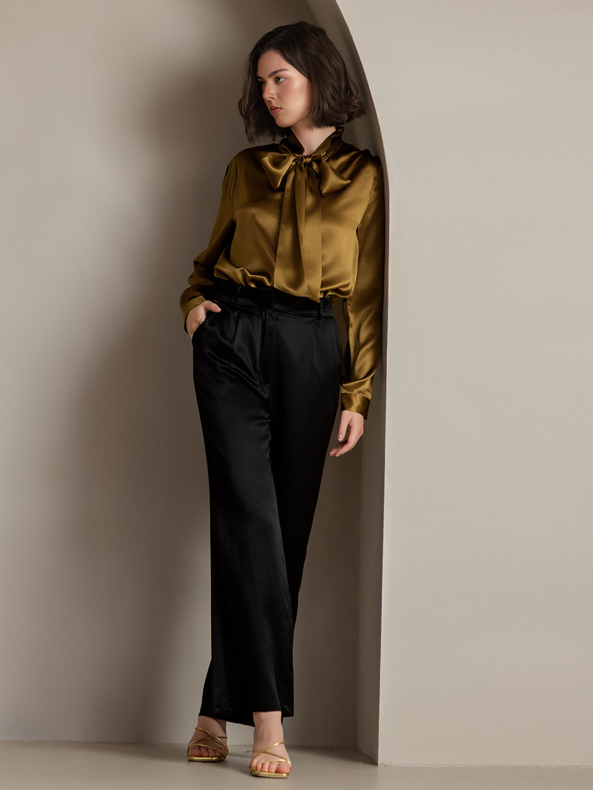 [Brown] SilkSilky 19Momme Silk Long Sleeve Tie Neck Women's Shirt 006